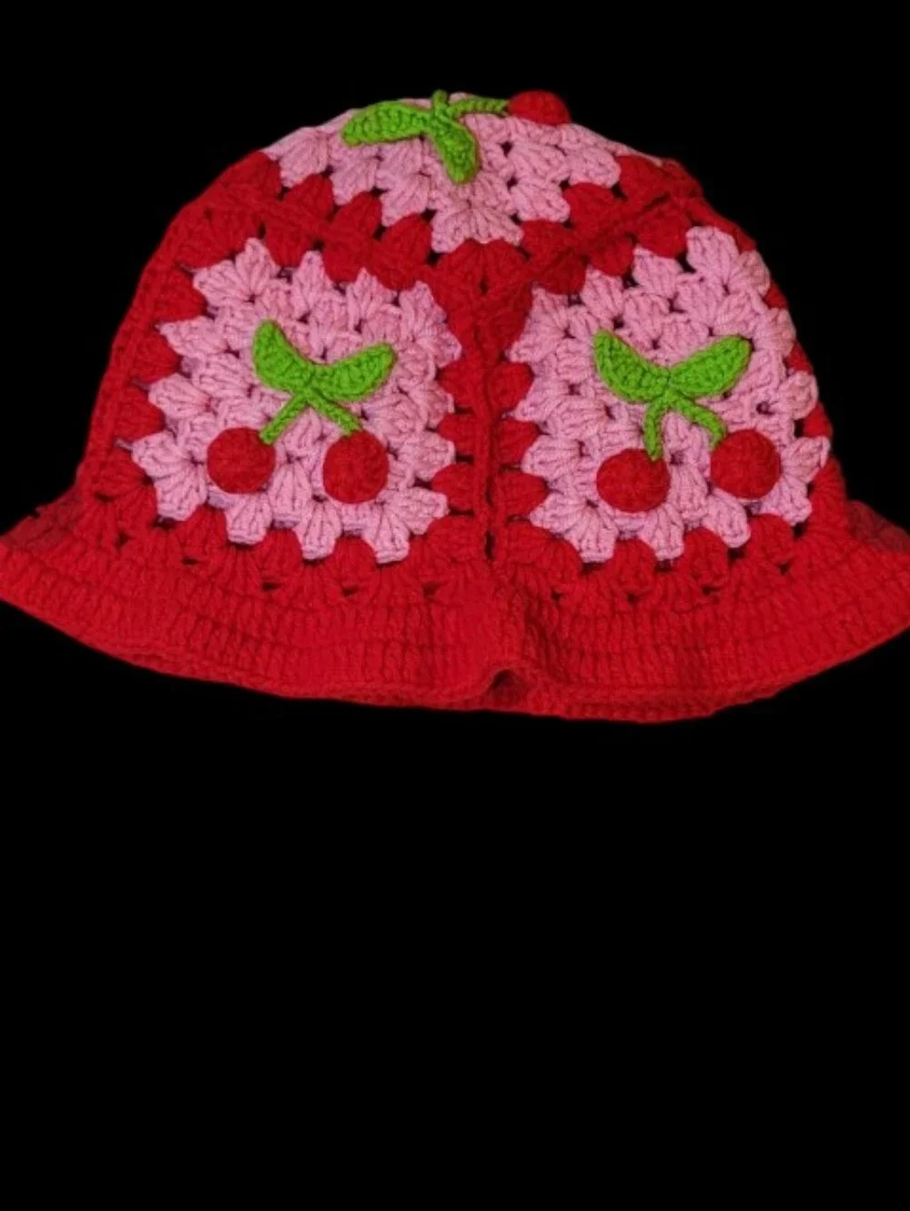 Women's Handmade Crochet Cherry Bucket Hat - Red & Pink